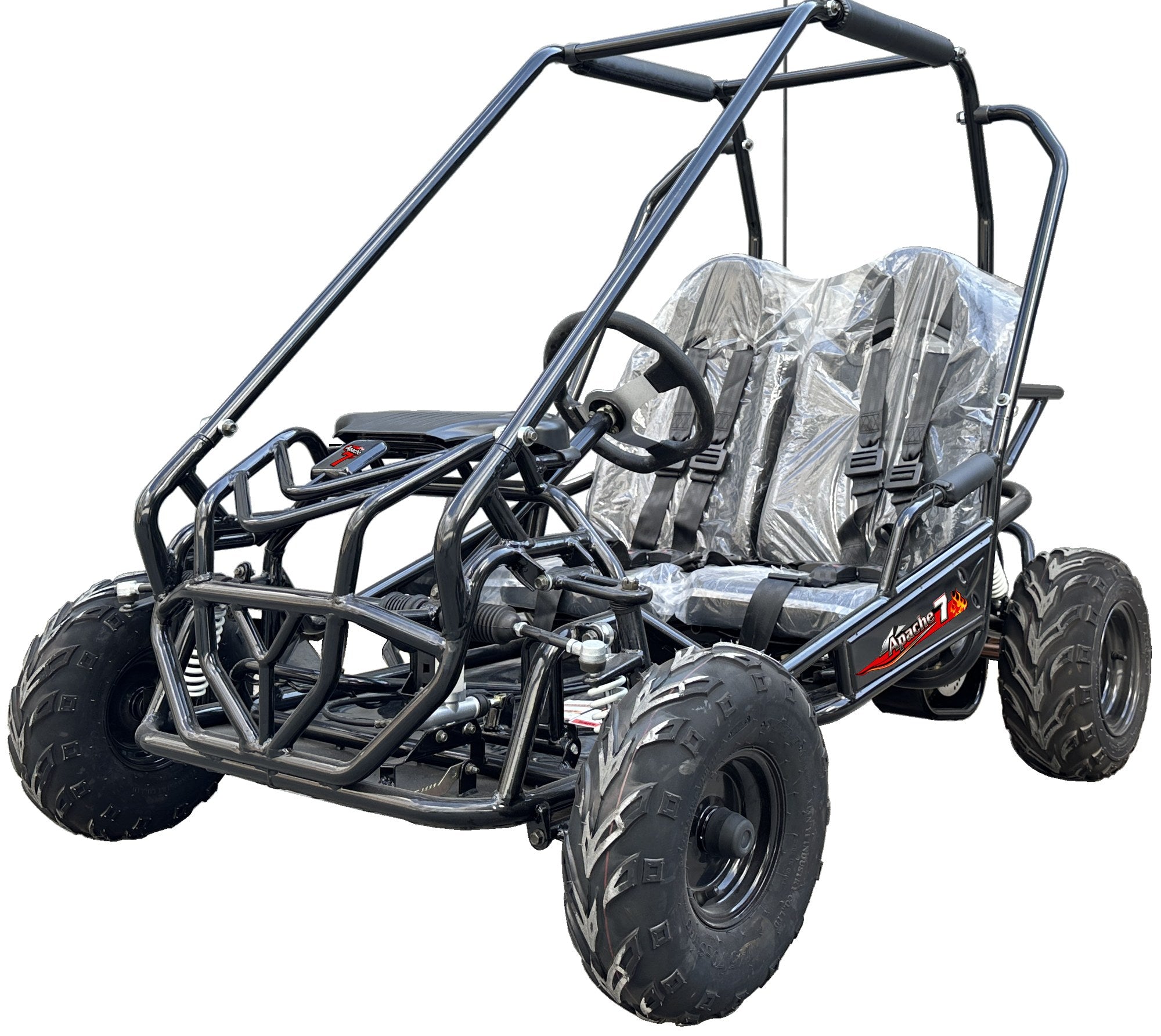 TrailMaster Apache 7, 212cc Youth Go-Kart, 4-Stroke, Air Cooled, CVT Automatic, Torque Converter, Pull Start, Hydraulic Disc Brake, Double A-Arm Suspension, 5-Point Safety Harness, Full Roll Cage, Individual Sport Seats